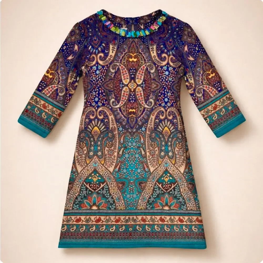 Boho Paisley Beaded Neck Cocktail Sheath Dress Teal Multi Size 10